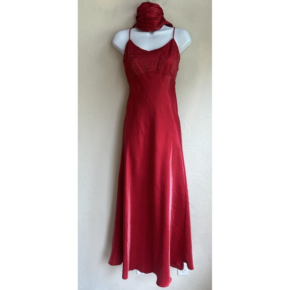 Vintage 90s Y2K Red Satin Formal Maxi Slip Dress 6 Scarf Goth Empire Waist Vampy